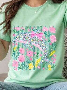 Gildan Mint Green Floral Dolphin Graphic Tee